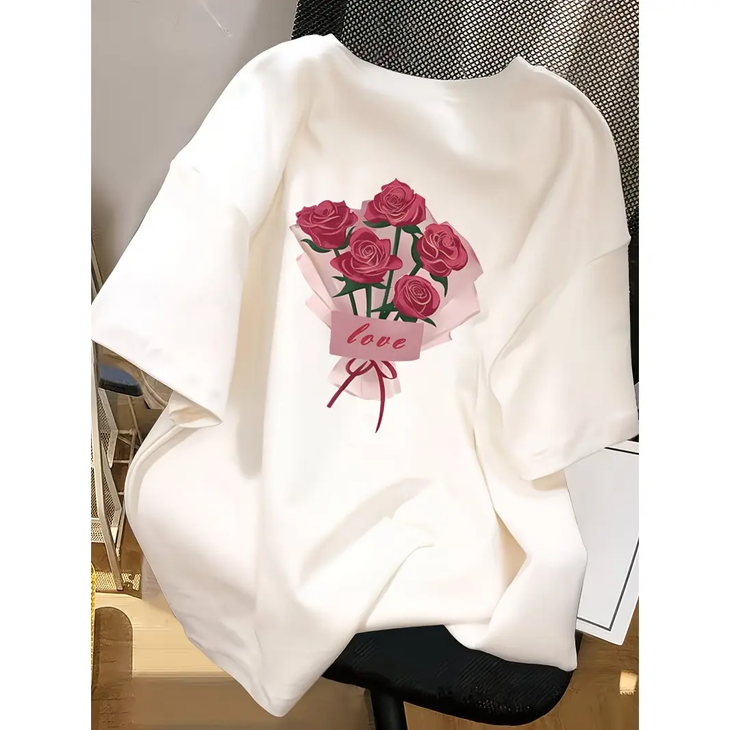 Womens Cotton Short Sleeve Graphic Tee Rose Bouquet Love Print Soft Comfy Casual Summer Top Cute Romantic Outfit For Date Night Vacation And Everyday Wear