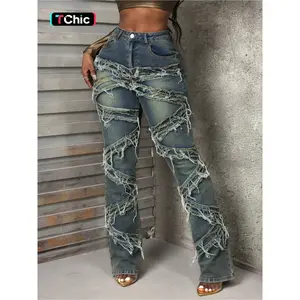 Women’s elastic vintage washed faux leather pants with front fringe design, fashionable streetwear for all seasons, medium fabric thickness