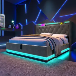 Twin/Full/Queen/King Size Bed Frame with Storage Headboard and 360 Surround LED Lights, Linen Upholstered Platform Bed Frame with USB Charging Station and Lift Up Storage, Multifunction Hydraulic Storage Bed with Buttons Apps Remote Control, Gray