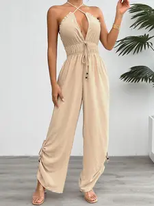 Women's Solid Minimalist Backless Criss Cross Halter Neck Wide Leg Tie Waist Jumpsuit, Adjustable Waist Jumpsuit, Casual Sexy Fitted Sleeveless Jumpsuit for Summer, Women's Clothing for Daily Wear, Overalls, Drawstring Jumpsuit, Womenswear