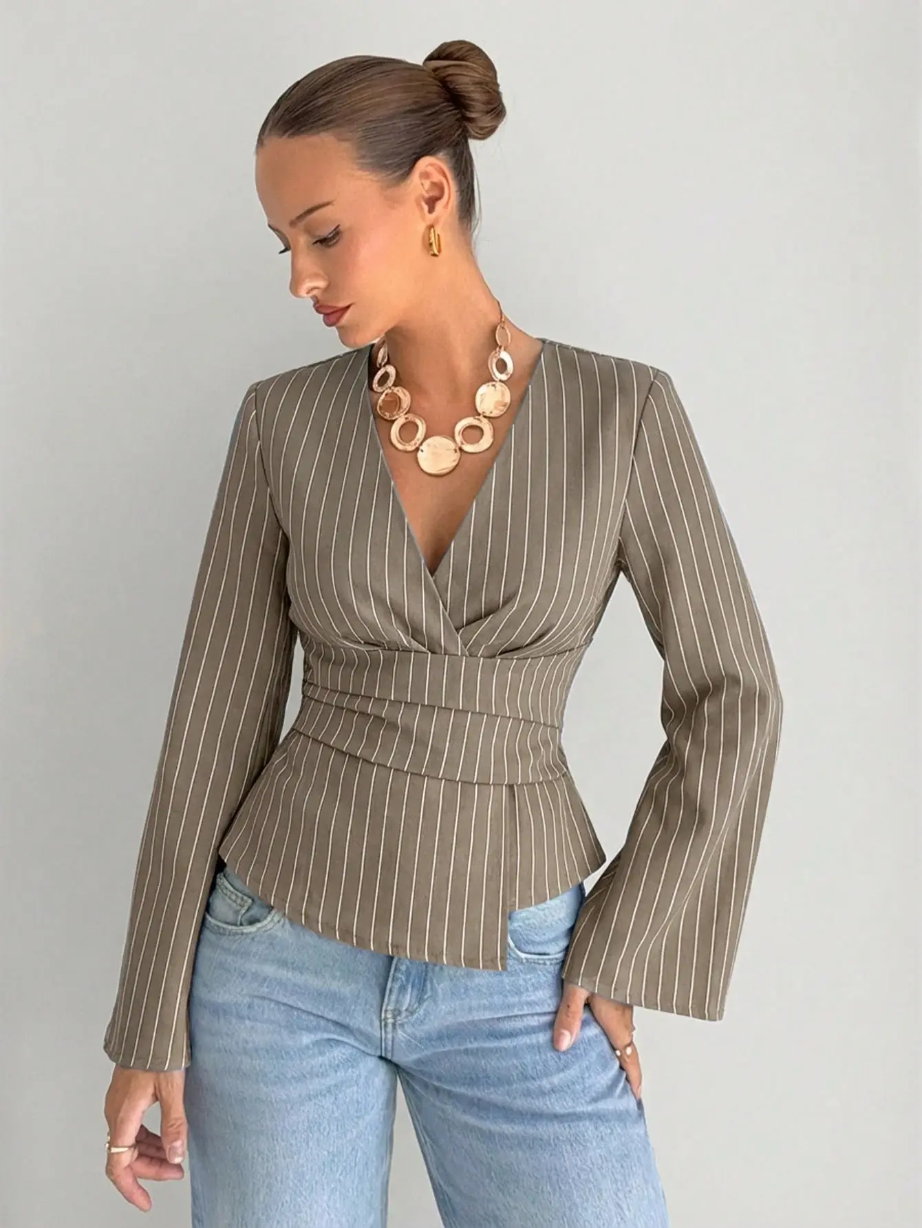 VYNCE Business Office Casual V-Neck Long Sleeve Wrap Top Blouse Women's Navy Blue Fitted Shirt Autumn Elegant