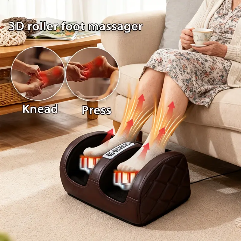 Electric brown foot massager. Roller shiatsu relaxation massage, foot meridian point massage. Positive and negative motion modes, 3-gear massage intensity. Especially suitable for calves, feet, legs and hands.  best holiday gift for family and friends.