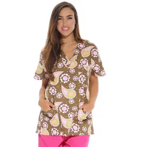 Women’s V Neck Scrub Top Brown Paisley – Vintage Pattern Medical Uniform & Nurse Workwear