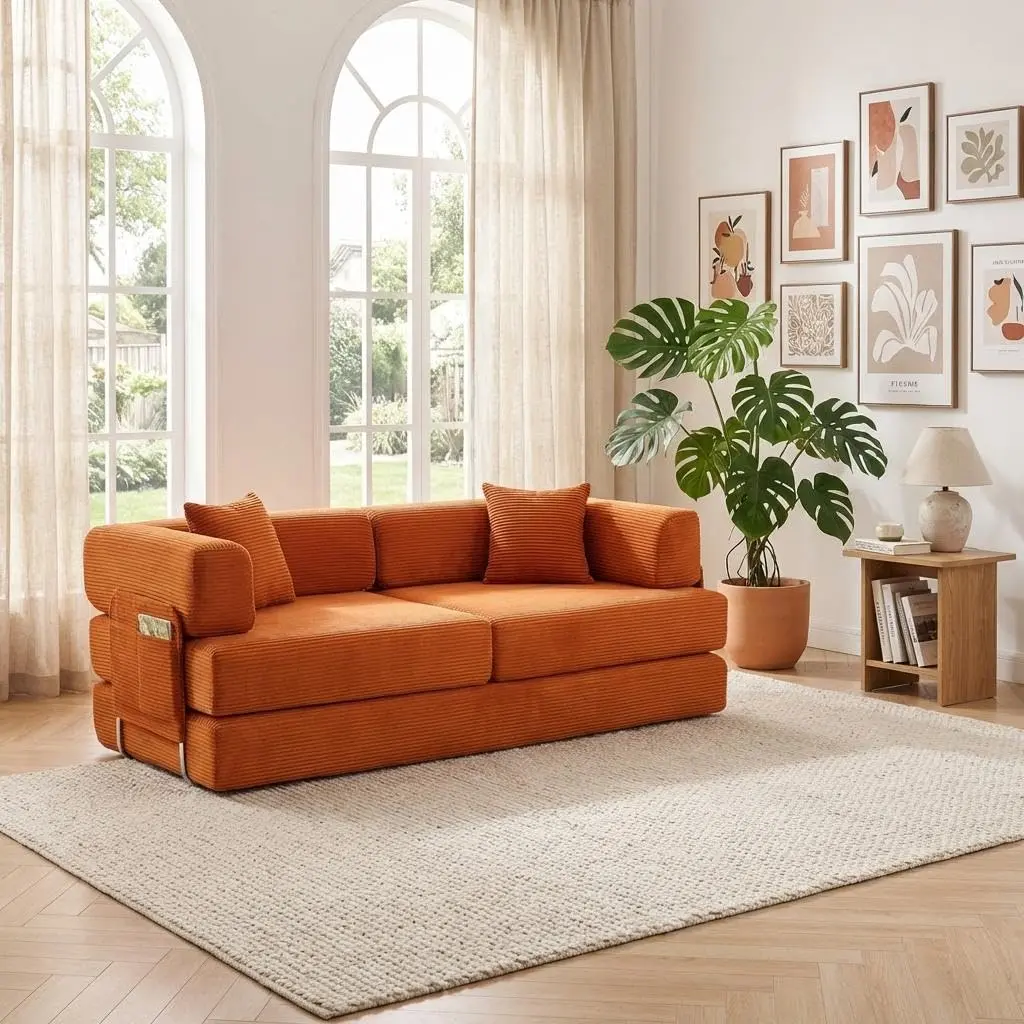 Garvee 5-in-1 Convertible Sofa Bed, 78.8" Foldable Futon Sofa with Pull-Out Bed, Corduroy Upholstered Loveseat Sleeper in Orange, Perfect for Living Room, Bedroom, or Lounge, No Assembly Required