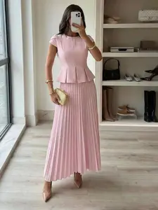 Women's Solid Color Round Neck Cap Sleeve Pleated Hem Top And Pleated Skirt Elegant 2 Pieces Set