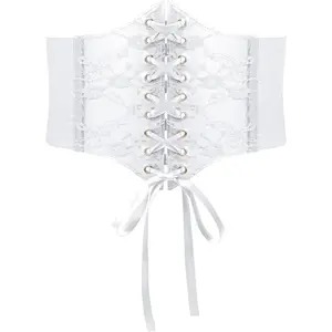 Women Lace-up Corset Waist Belt Transparent PVC Lace Crochet Petal Elastic Wide Belt for Dress