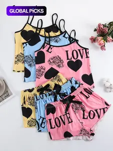 2 Pieces/ 6 Pieces  Women's Heart & Letter Print Lettuce Trim Fitted Pyjama Set, Casual Spaghetti Strap Cami Top & Bow Decor Shorts, Summer Sleepwear  Loungewear  Set for Women