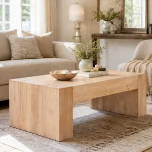 ARCH 49" Rustic Wood Coffee Table for Living Room, Engineered Wood Center Table with Whitewashed Finish, Farmhouse Rectangular Coffee Table, Natural Wood Grain, Sturdy Block Legs, Easy Assembly, Engineered Wood Material, Product Weight: 46.30 lb