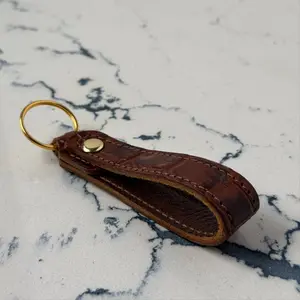 Brown Genuine Crocodile Embossed Premium Leather Keychain with Brass Hardware