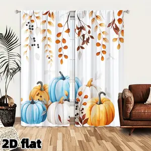 2D Flat 2Pcs Fall Pumpkin Curtain Panels, Autumn Leaves Design, Orange Blue White Decorative Curtains, Watercolor Botanical Pattern, Sheer Polyester Fabric, Window Treatment for Living Room Bedroom Kitchen, Home Decoration Curtain, Thanksgiving Home Decor
