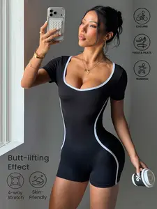 Fashion Colorblock Hollow Out U Neck Yoga Jumpsuit, Sexy Hip Lift Waist Cinching Shorts, Sporty Fitness Tight Fit One-Piece Pants
