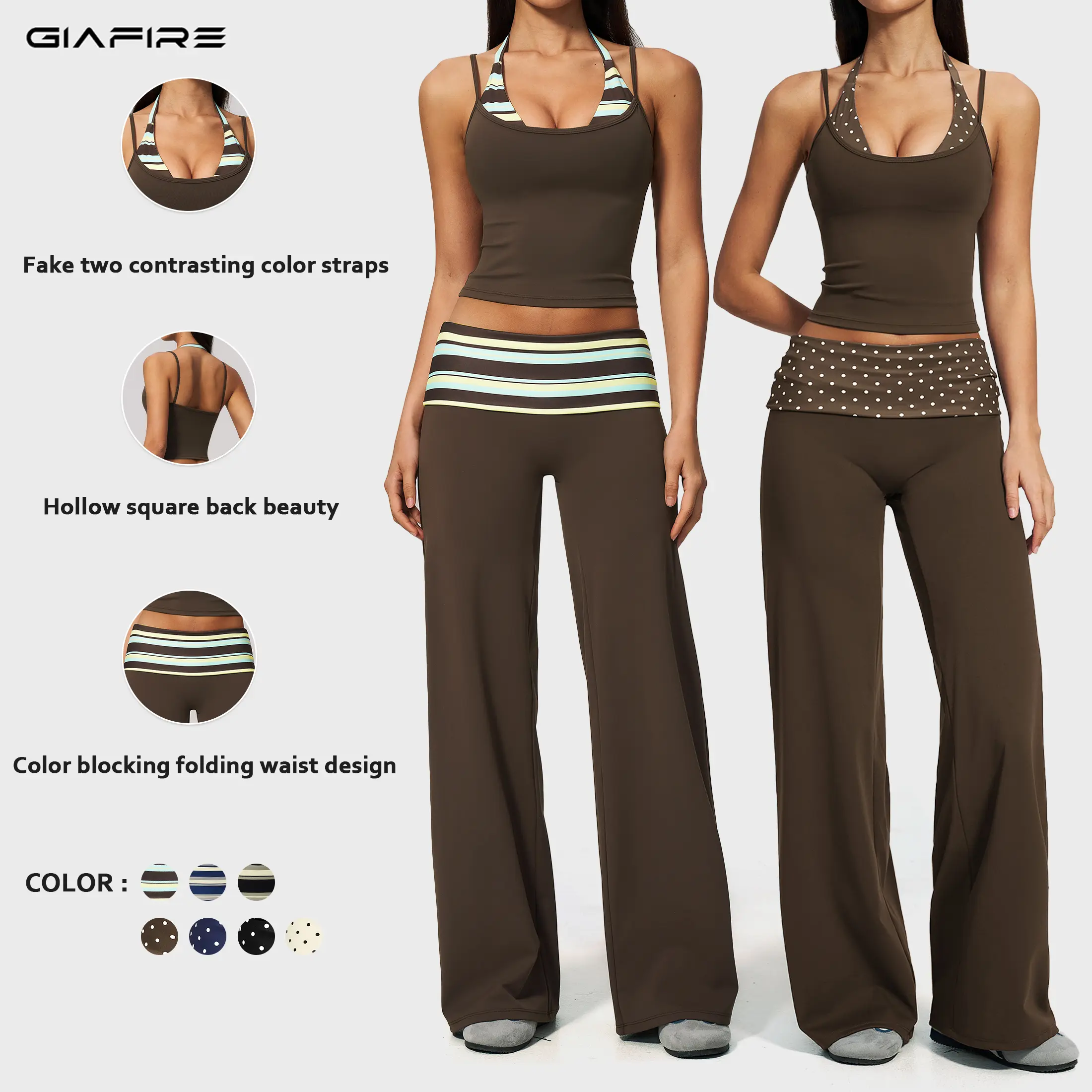 GIAFIRE Women's 2-Piece Casual Athletic Set Ultra-stretchy, breathable & comfy yoga wear, featuring halter spliced striped/polka dot tops and high-waisted hip-lifting ruched wide-leg pants. Ideal for Pilates, gym training and daily outfits.