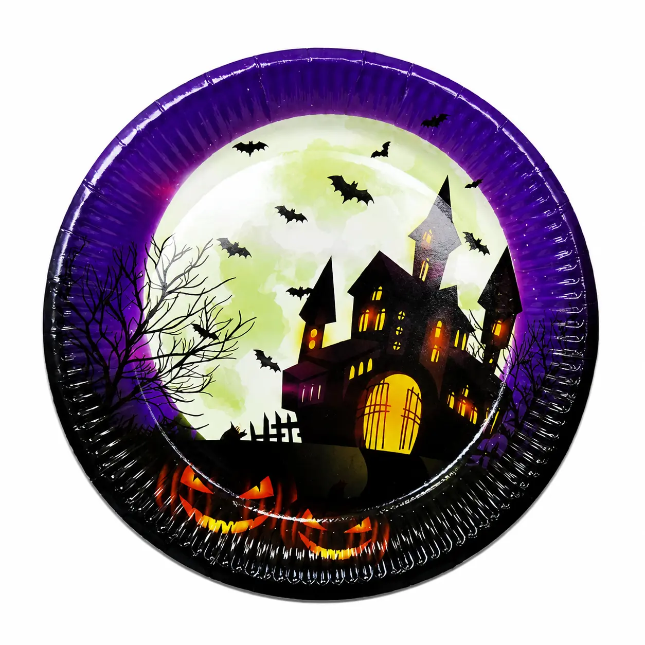 Halloween Themed Round Party Plates, Spooky Haunted House Disposable Tableware For Holiday Gathering & Food Serving