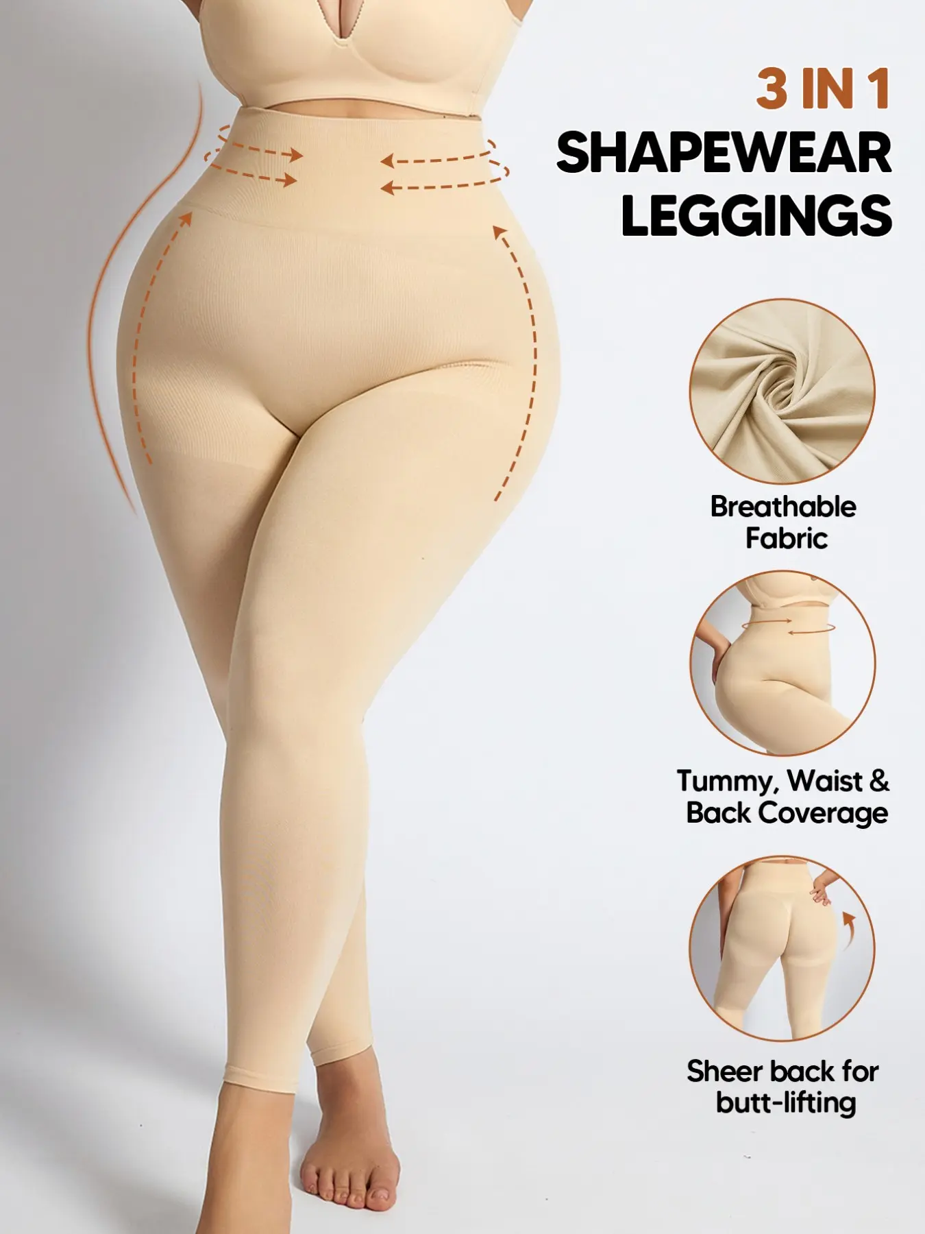 Women's Plus Size Shapewear Leggings, Shaping Leggings, High Waisted Tummy Control Compression Pants, Butt Lift Full Length Slimming Tights, Nude Color, High Waist Stretchy, Breathable Skinny Legging