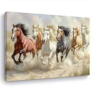 1 Piece Wooden Frame Canvas Painting - Harmonious Galloping Horses, Art Decor Style Colorful Horse Wall Art, Living Room, Bedroom, Kitchen Decoration 11.8x 15.7inch Hanging Painting - Perfect Gift for Him or Her, Horse Theme Hook Artwork