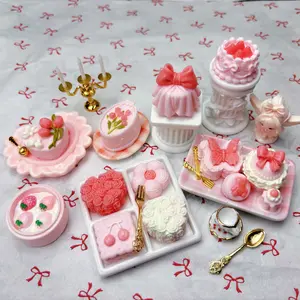 1/6 scale handmade miniature pink desserts tea time squishies & plates kit sticky and soft texture
