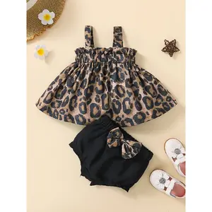Spring Summer Baby Girl Set, Baby Clothing Summer Gift Set, Leopard Print Sleeveless Top + Bow Pants, Cute Slim-Fitting Two-Piece, Above the Knee Length