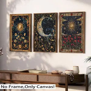 3pcs Frameless Canvas Print Art, Modern Vintage Style Sun Star Sleeping Moon, Room Decor Wall Poster, Modern Home Decor, Living Room Bedroom Office School Decoration