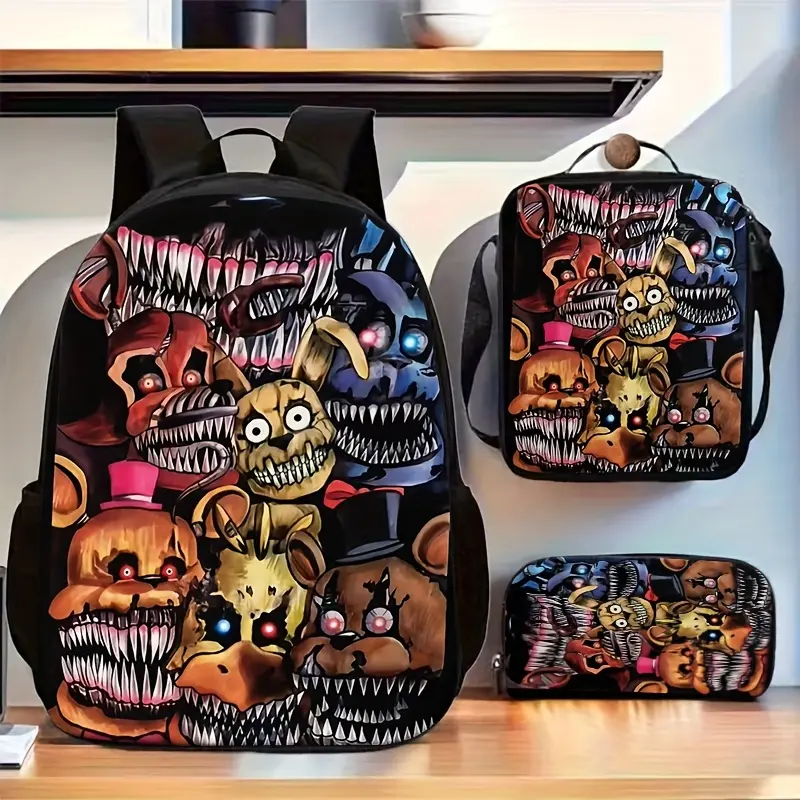 Five Nights at Freddy's 3PCS Backpack Set, Nightmare Animatronic Print School Backpack with Lunch Box & Pencil Case, Lightweight Durable Daypack for Kids Teens, Ideal Gift for FNAF Horror Fans