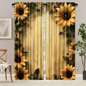 2-Pack, bright sunflower pattern translucent curtains, rod pocket design, polyester fabric, suitable for bedroom, living room or balcony home decoration, suitable for Christmas curtains