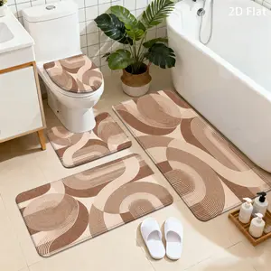2D Flat 3/4pcs Bathroom Anti-Slip Mat Set, Brown Beige Geometric Lines, Home Decor Shower Room Entrance Water-Absorbent Mat, Household Soft Thickened Quick-Dry Carpet, Toilet Laundry Room Accessory Foot Mat, Room Bedroom Entrance Doormat
