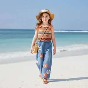 BASUSARRI Girls' 2PC Summer Boutique Clothing Set - Orange Geometric Knit Camisole, Floral Wide-Leg Denim Jeans for 3-7 Yr Old Toddlers, Vintage Flower Applique Tank for Beach, Spring Gift