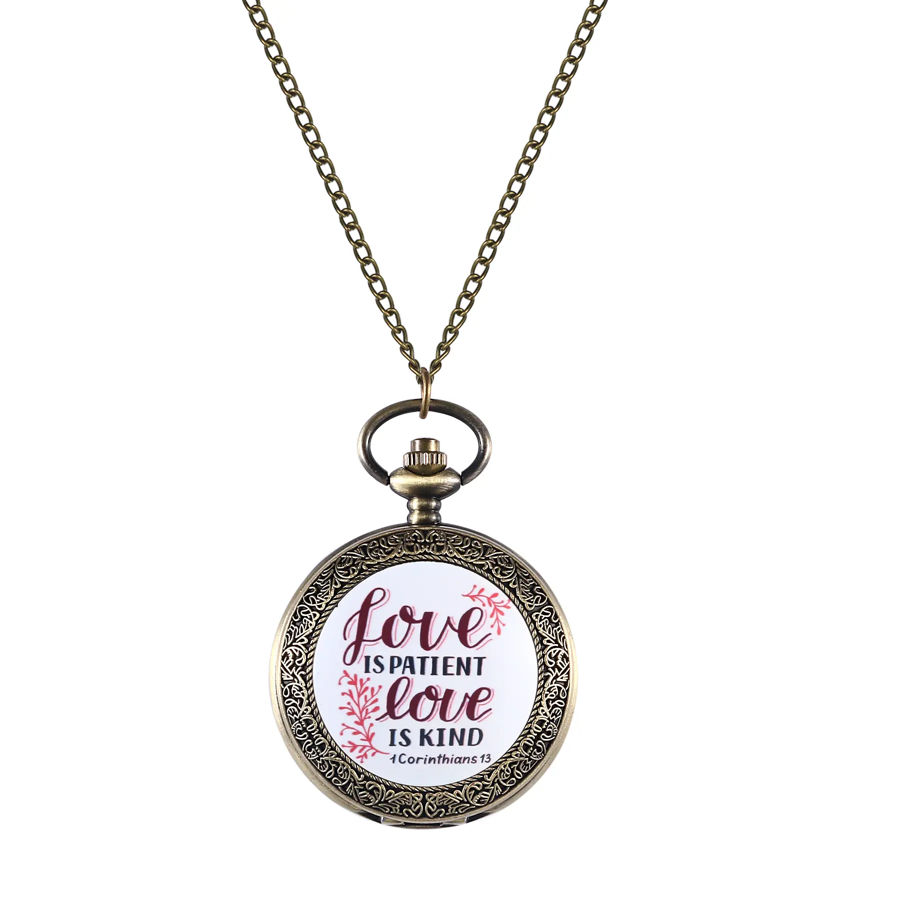 OIDEA Unisex Vintage Aesthetic Pocket & Fob Watch, Quartz Antique Bronze Necklace Watch, 1 Corinthians Engraved Case, "Love Is Patient" Bible Christian Wedding Gift, Vintage Aesthetic Pocket & Fob Watches