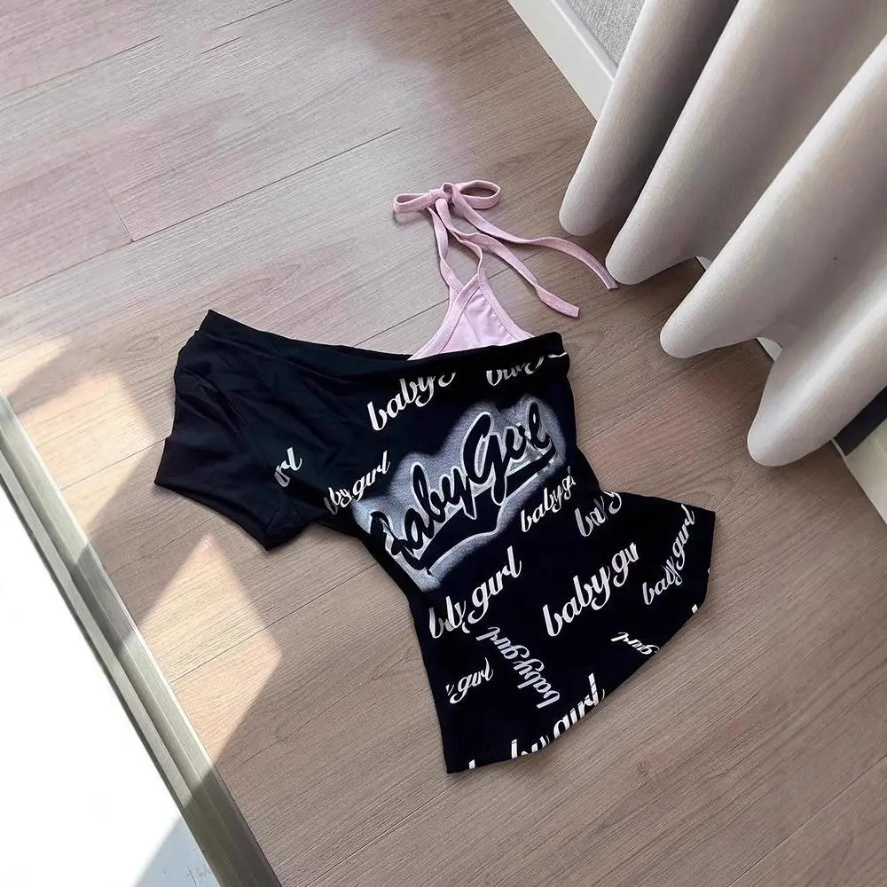 Women Babygirl Letter Print Slant Shoulder Tank, Sexy Tie Open Back Pure Desire Spicy Girl Cami