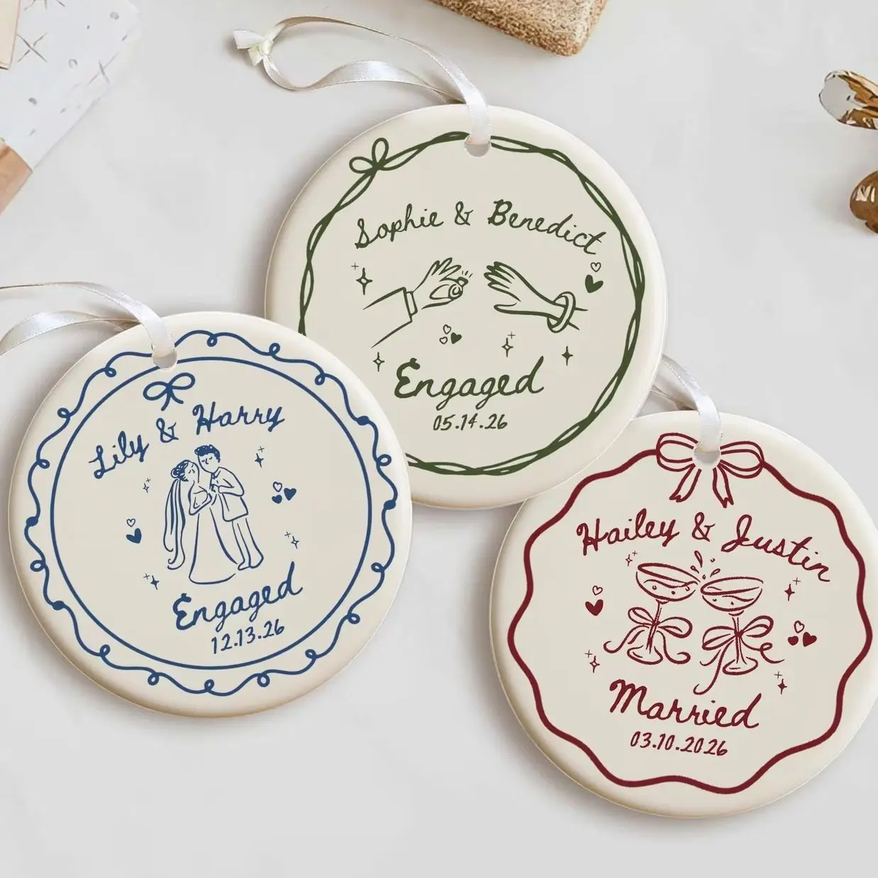 Custom Engagement Ceramic Ornament Gift, Personalized Engagement Gift for Engaged Couples, Wedding Gift Newlyweds, Bride and Groom