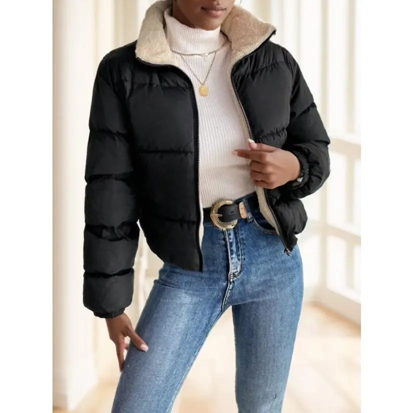 Women's Reversible Cropped Puffer Jacket | Sherpa & Quilted Two-Way Winter Coat