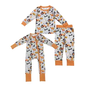 Boys' Halloween Farm Tractor Onesie - Orange & Gray Zip-Up Long Sleeve Premium Soft Sleepwear, Toddler Costume, Sleepwear Loungewear, Ideal for Trick-or-Treating & Bedtime