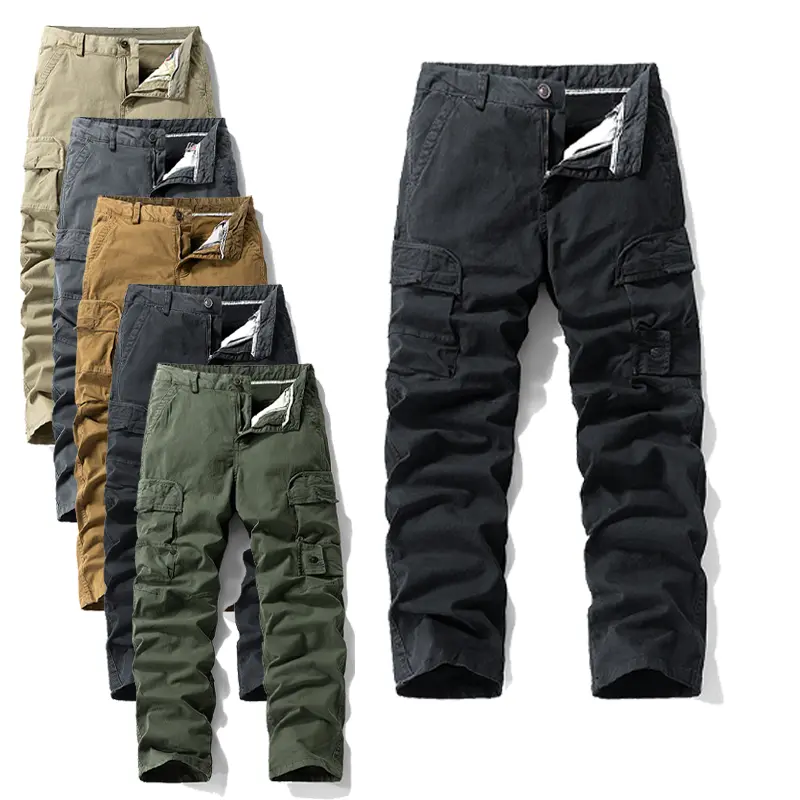 Men's Classic Straight Leg Cargo Pants - Mid Waist Button Closure, Multi-Flap Utility Pockets, Vintage Washed Plain Cotton Fabric - Casual Everyday Workwear Menswear Trousers cuffed