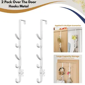 2 Pack Over The Door Hooks Metal Door Hanger Hooks Heavy Duty, Purse Organizer Coat Rack for Clothes, Towels, Hats, Bathroom, Closet (White)