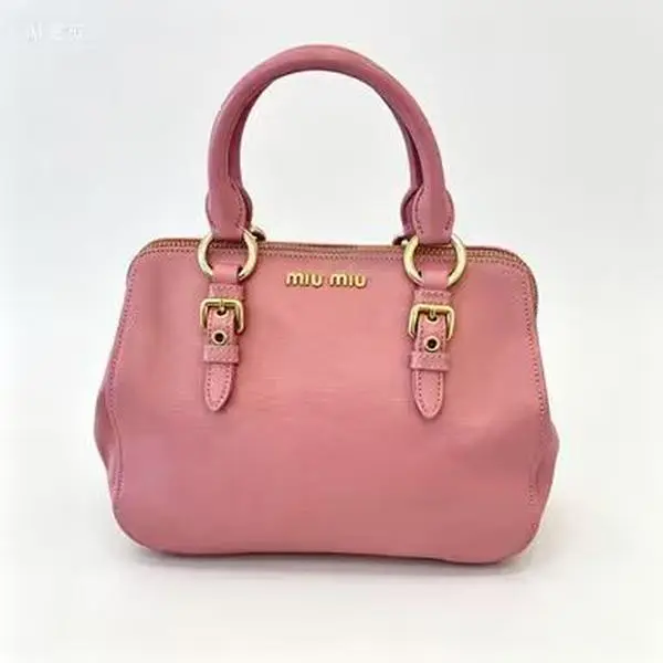 Pre-owned miu miu dusty pink grained leather satchel bag with gold metal hardware, logo, short top handle, zippered handbag