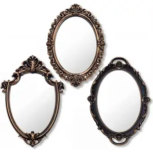 Beeveer 3 Style Vintage Mirrors Set Decorative Oval Wall Mirror Small Antique Mirrored Tray Decorative Hanging Mirror for Bathroom Bedroom Jewelry Organizer Victorian Decor (Shield,Antique Gold)
