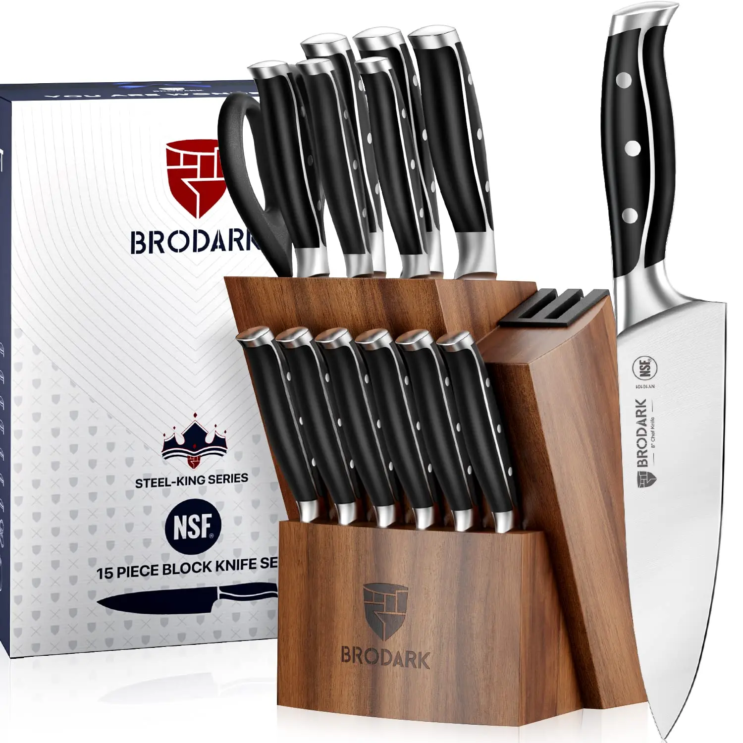 BRODARK 15Pcs Full Tang Knife Set ,  food grade German stainless steel knife, Steel King series, NSF Food Safe dishwasher safe steak boning knife for Men gift box Block Kitchen Outdoorfun