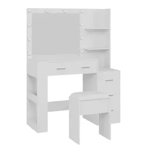 Makeup Vanity Set with 10-Bulb Lighted Mirror, 3 Lighting Modes & Built-in Outlets, 41'' Vanity Desk with 5 Drawers and Stool for Bedroom