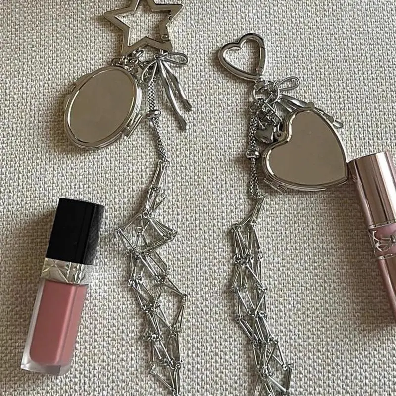 Keychain Mesh Holder Gold & Silver Y2K Bag Charm Accessory Fits Most Lipsticks & Lighters Stainless Steel Heart & Star Clipper Cute Stylish Keychain for Women & Girls
