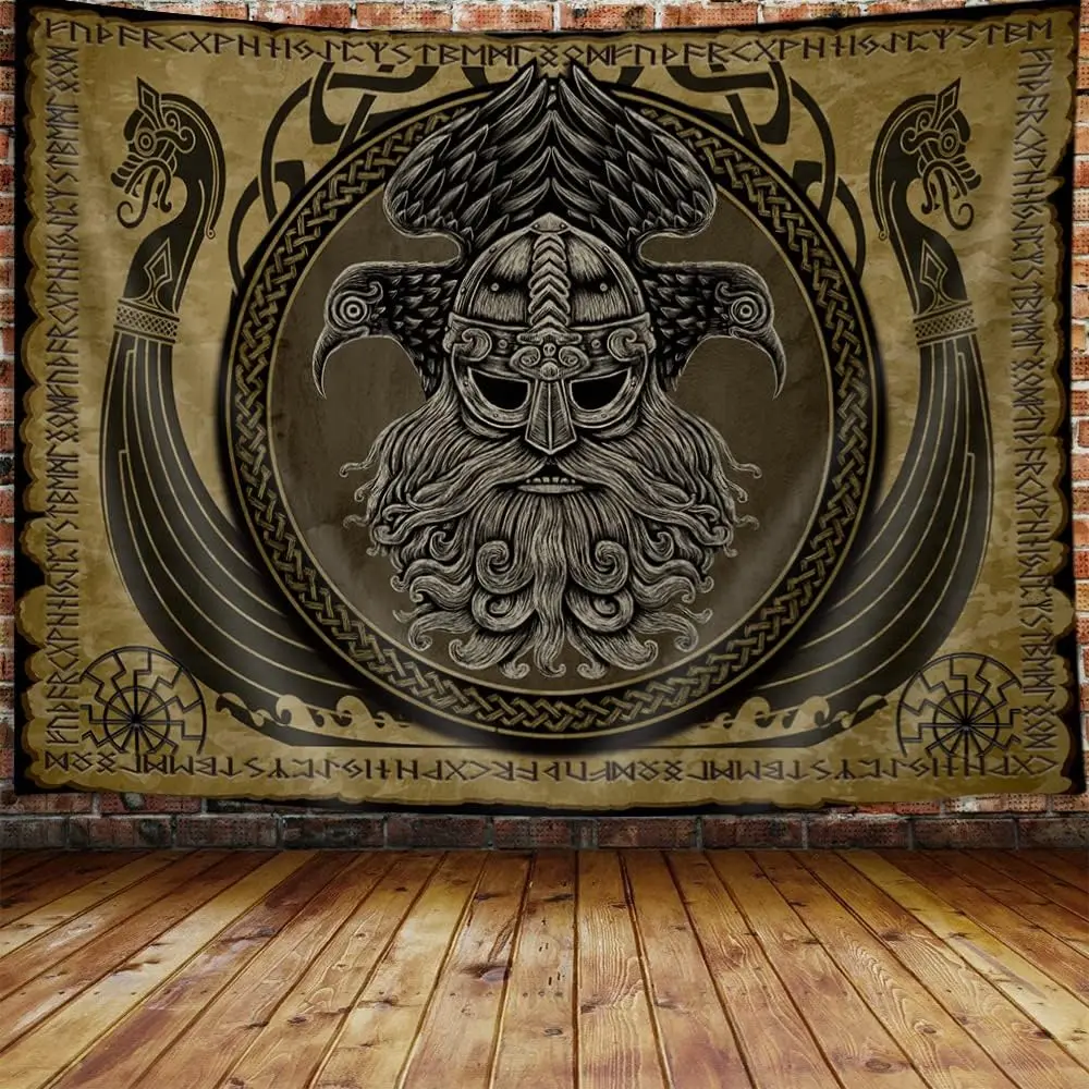 Viking Norse Decor Tapestry, Cool Odins Ravens Tapestry Wall Hanging For Men Bedroom, Norwegian Mythology Nordic Pagan Golden Tapestries Poster Blanket College Dorm Home Decor 90X70Inches