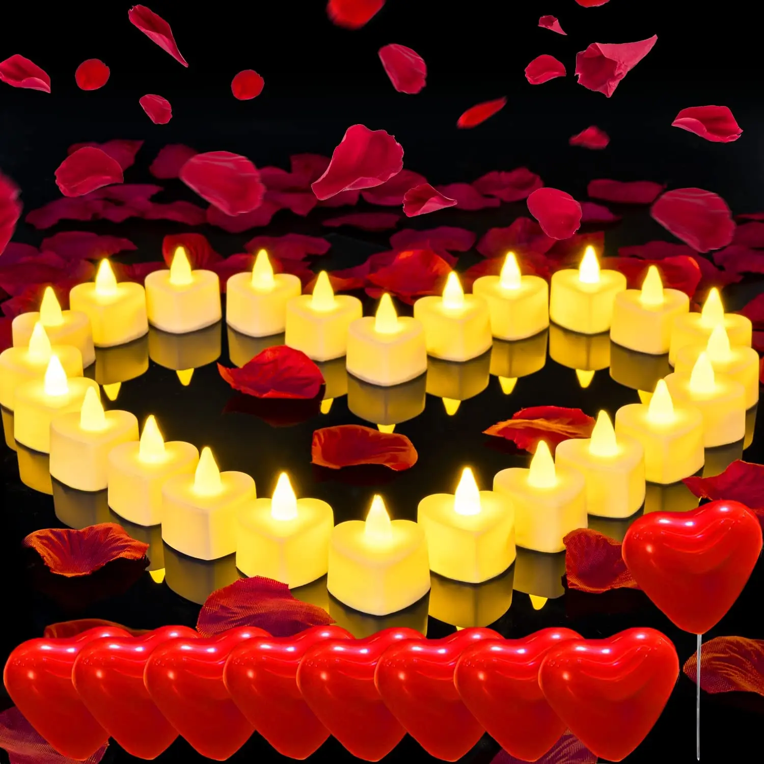 1000 Pieces Artificial Rose Petals, 30 red heart balloons & 24 flameless heart tea lights. A Romantic Night on Valentine's Day Romantic Decorations Special Night Set for Night, Valentine's Day,Mother’s Day,Wedding Anniversary or Table Décor