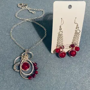 Red wire wrap necklace and earrings set