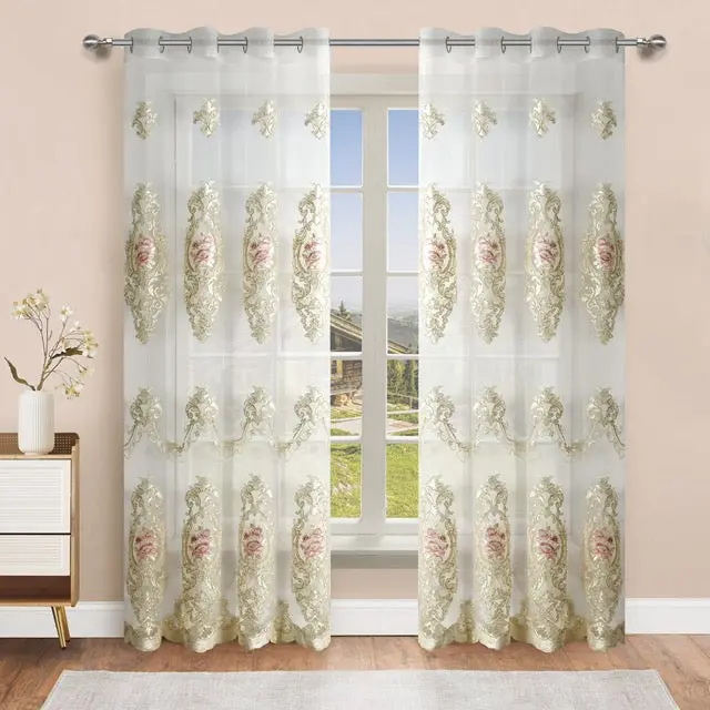 Monrose Embroidered Sheer Curtain Panel | Luxury Floral Grommet Window Drapes | Pink & Taupe
