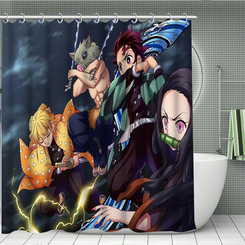 Demon Slayer Anime Print Shower Curtain Set, Includes 12 Hooks, Waterproof Curtains, Non-Slip Mat, U-Shaped Toilet Pad, Ideal Gift