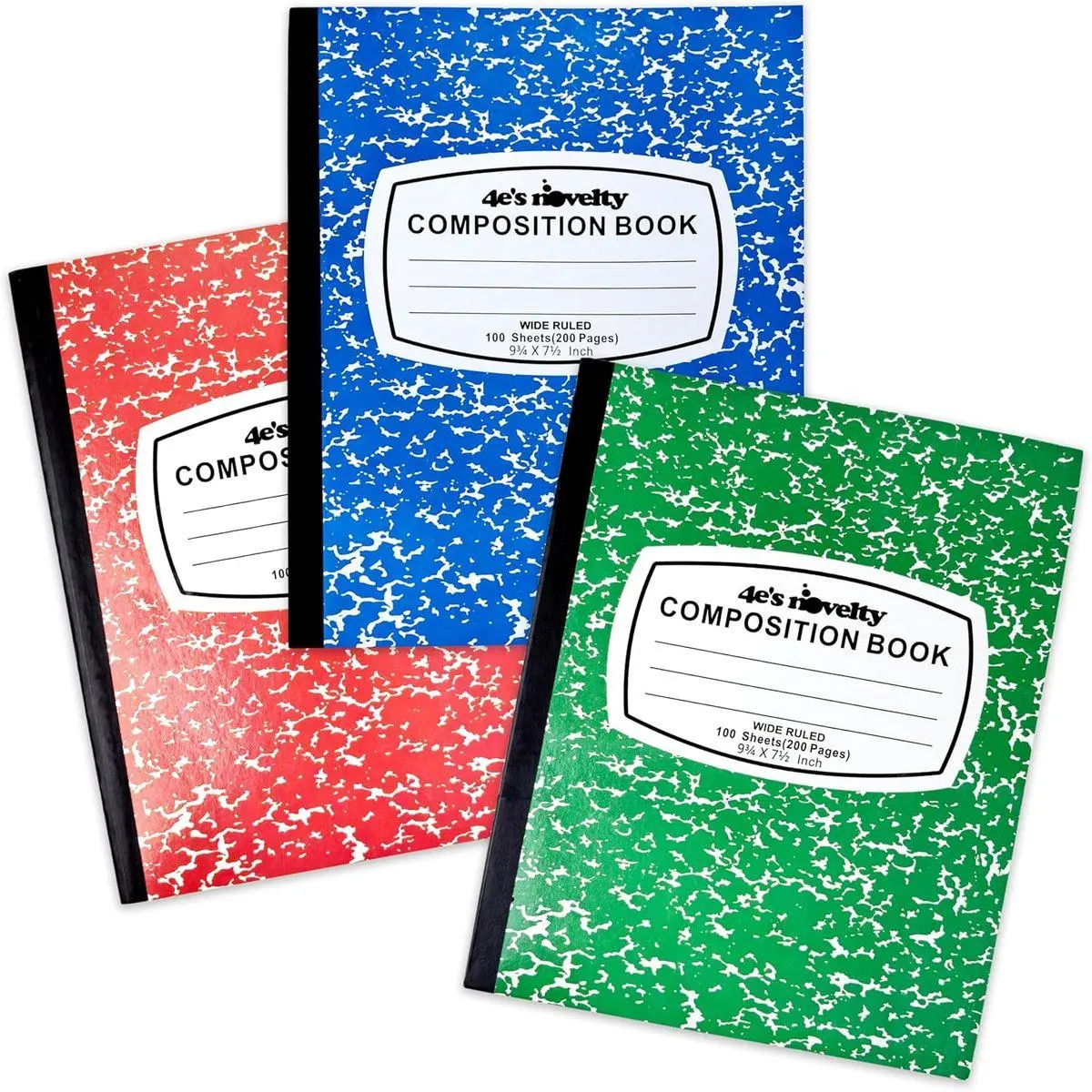 Wide Ruled Composition Notebooks - Pack of 3-100 Sheets 9.75" x 7.5" - Hard Cover Red Blue Green Cute Marble Colors, Bulk Compositon Book Wide Ruling, Back to School Supplies