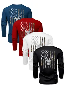 Men's Star Deer Series Round Neck Long Sleeve T-Shirt Set, Casual Outdoor Sportswear for Spring Fall Winter, Fitted H-Type Design, Athletic Sports Clothing