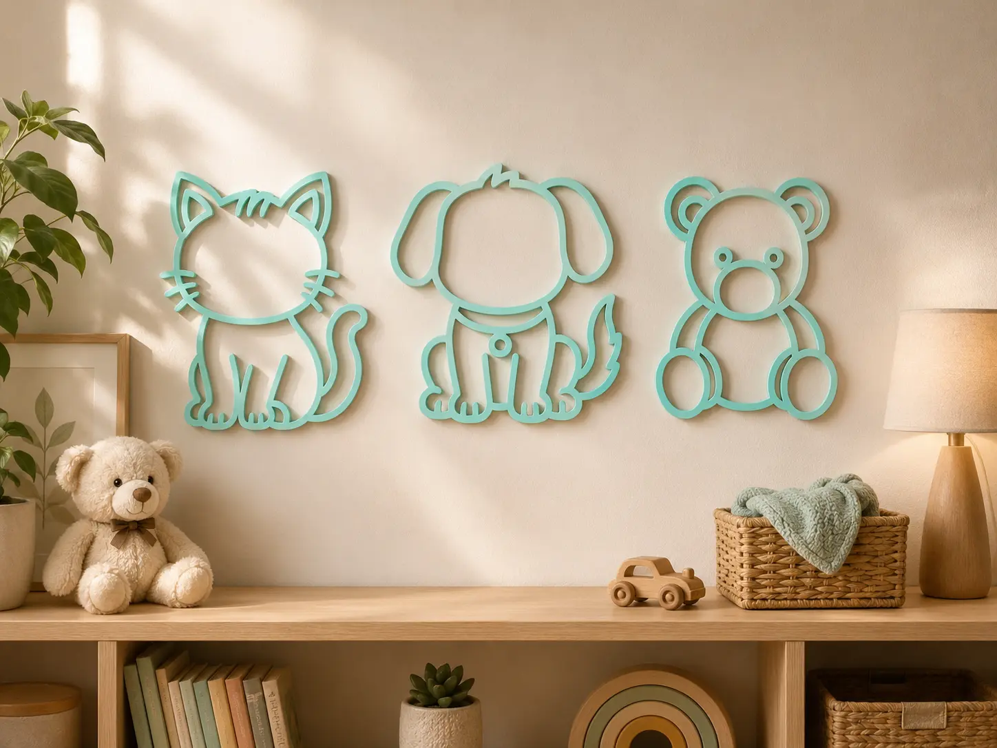 Minimalist Pet Nursery Wall Decor Set | Dog, Cat & Bear Wall Art | 3-Piece Baby Nursery Decor