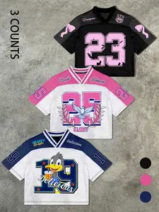 Women's Casual 3-Piece Short Sleeve Graphic Ducks T-Shirt Set, Womenswear, Breathable Mesh Fabric, V-Neck Color Block Trim, Perfect for Summer