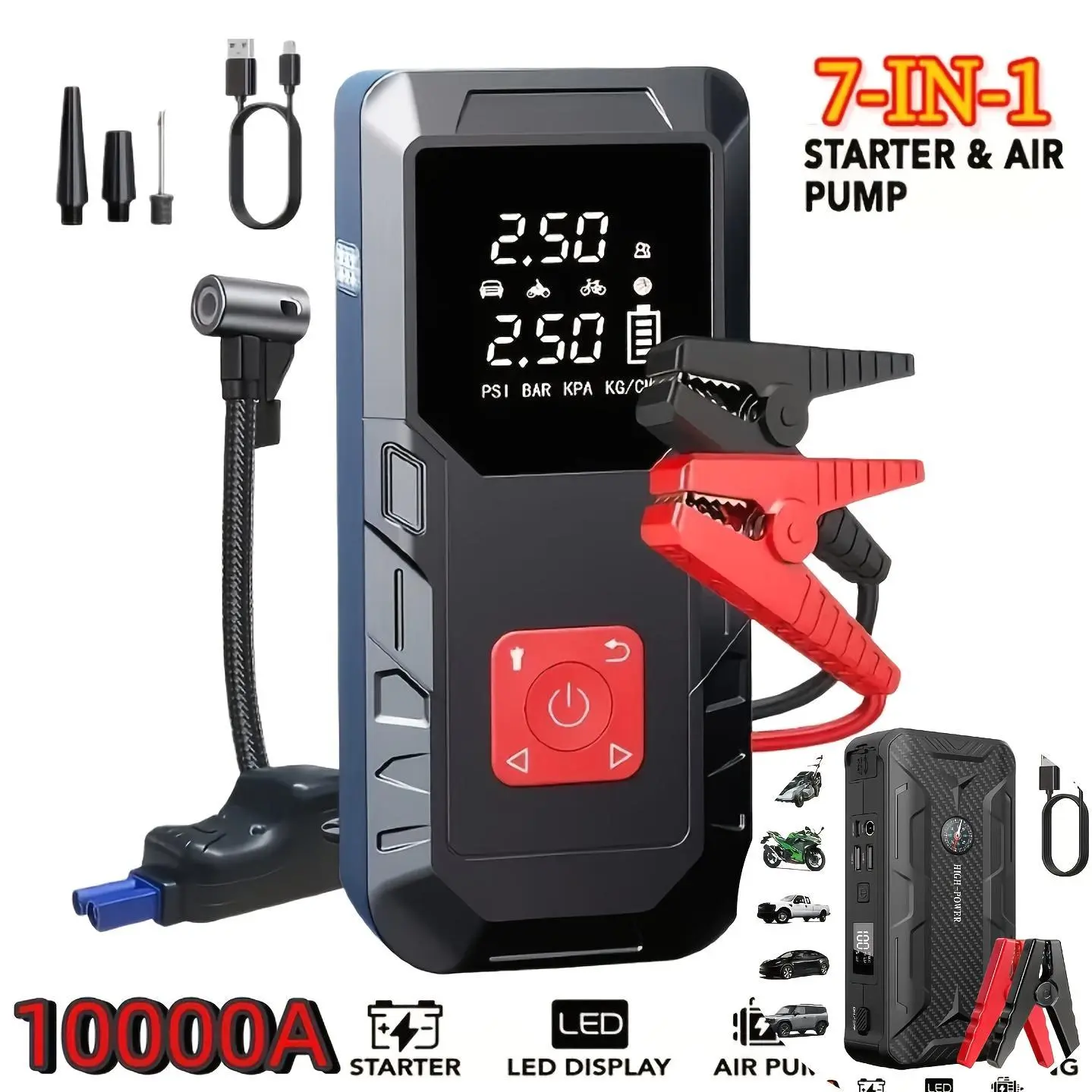 6000A Portable Car Jump Starter Optional10000A Portable Car Jump Starter (with 350PSI Tire Inflator) 7-in-1 Car Battery Charger Jump Starter Accessories And Tools LED Light USB Type-C And USB Output Interfaces Fast Charging Function