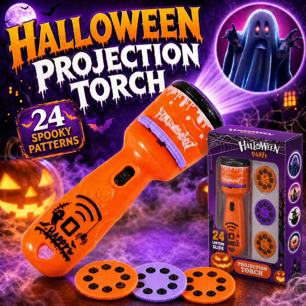 Halloween Projection Flashlight Toy with 24 Spooky Patterns, Kids Pumpkin Ghost Projector Torch with 3 Slide Discs, Halloween Party Favor & Trick or Treat Gift