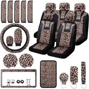 24  Leopard Car Accessories Leopard Car Seat Cover Full Set Cheetah Steering Wheel Cover  License Plate Cover Headrest Seat Belt Cover Armrest Pad Handbrake Gear Cover Keyring(Brown Black)
